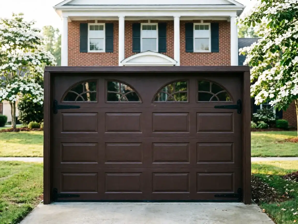A brown garage door with decorative windows and hardware stands in front of a brick house.
