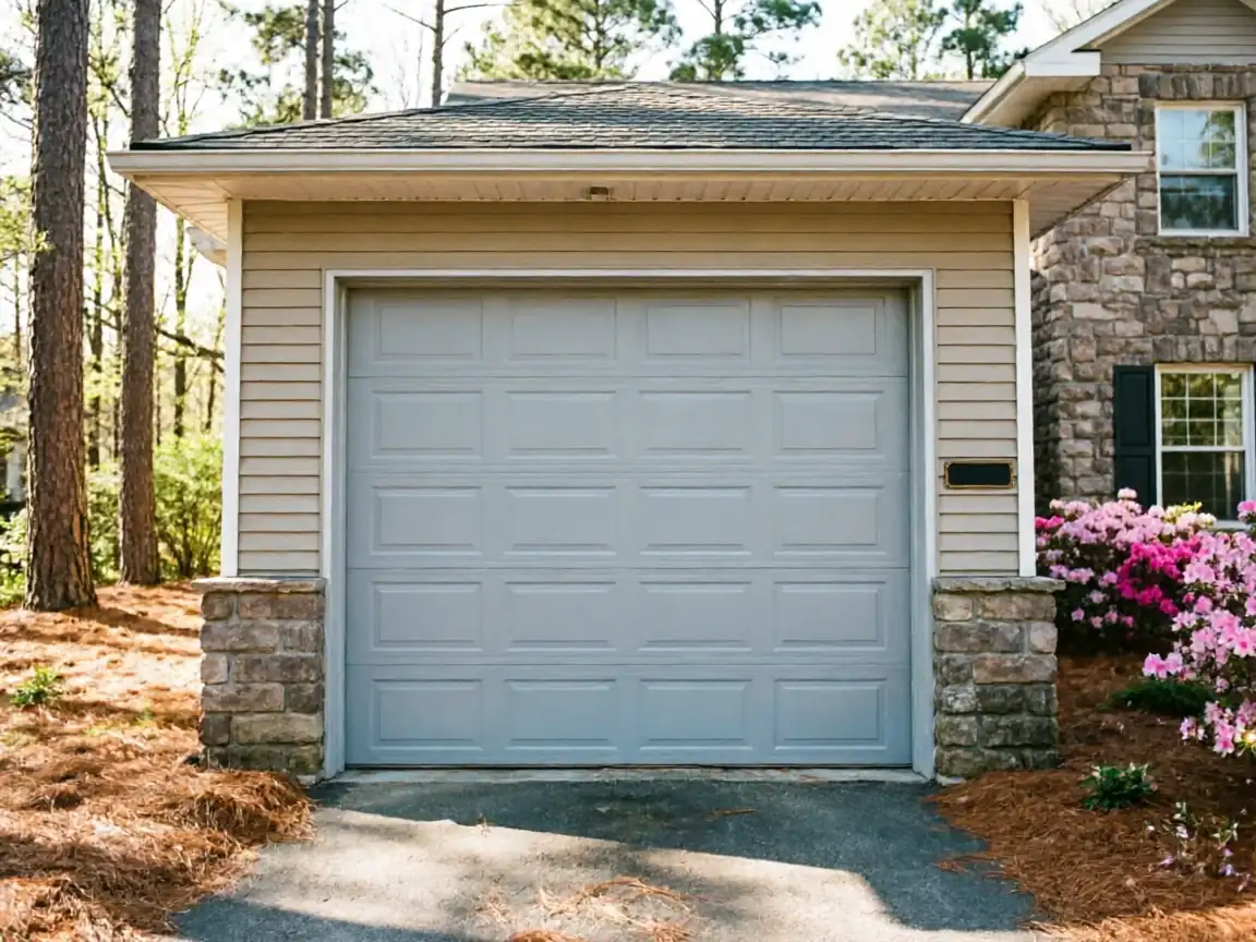 A light gray garage door is on a beige house with stone accents.